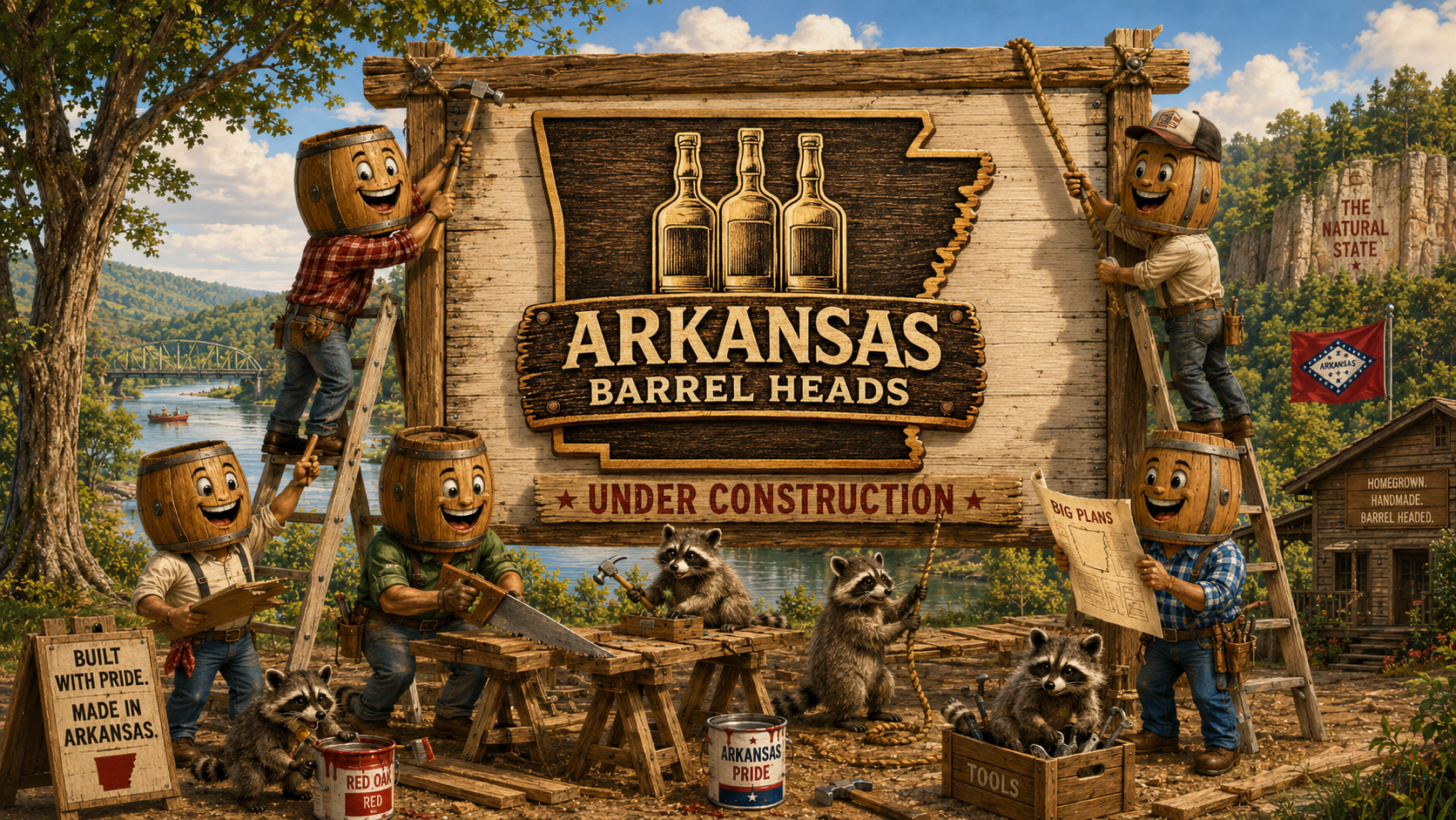 Arkansas Barrel Heads under construction with barrel headed workers and helper raccoons