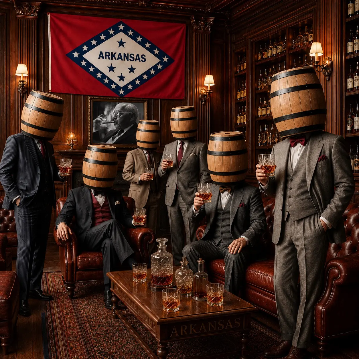Six Arkansas Barrel Heads members enjoying whiskey in a rich wood-paneled lounge beneath the Arkansas flag